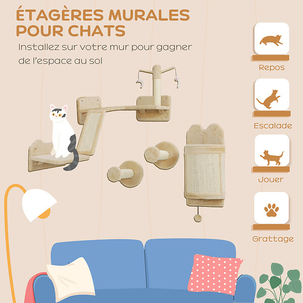 PAWHUT - Mur d'escalade pour chat - arbre à chat design mural - griffoirs, grattoirs, jeux - sisal naturel peluche beige - large