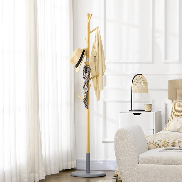 HOMCOM - Porte-manteau design scandinave branches 8 patères Ø 37,8 x 175,6H cm piètement métal gris bois bambou verni - large