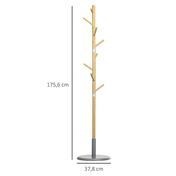 HOMCOM - Porte-manteau design scandinave branches 8 patères Ø 37,8 x 175,6H cm piètement métal gris bois bambou verni - large