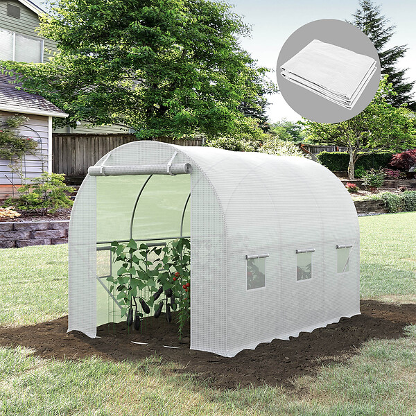 OUTSUNNY - Bâche de rechange serre tunnel 6 m², bâche dim. 3L x 2l x 2H m PE anti-UV imperméable 6 fenêtres + porte enroulable zippée blanc - large