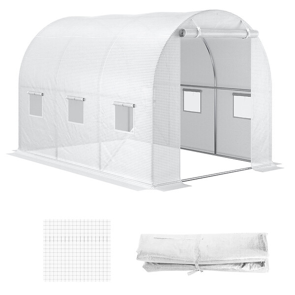OUTSUNNY - Bâche de rechange serre tunnel 6 m², bâche dim. 3L x 2l x 2H m PE anti-UV imperméable 6 fenêtres + porte enroulable zippée blanc - large