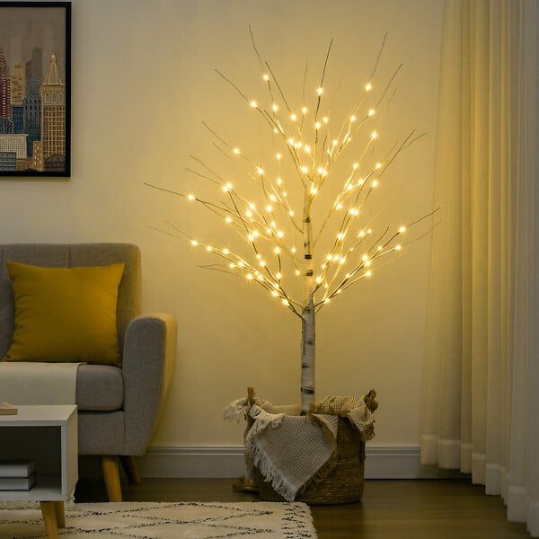 HOMCOM - Arbre lumineux LED bouleau - décoration lumineuse - 96 LEDS blanc chaud - norme IP 44 - usage intérieur/extérieur - 1,5H m - métal PP blanc - large