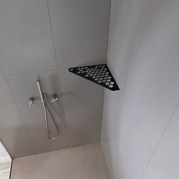 U-TILE - Etagère de douche en acier inox noir 20,4 x 20,4 cm x 2 mm - Pentagone design Hexagone - fixation sans perçage - large
