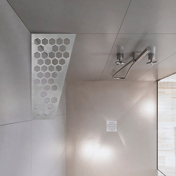 U-TILE - Etagère de douche en acier inox 26,2 x 12/7 cm x 2 mm  - Rectangulaire design Hexagone - fixation sans perçage - large