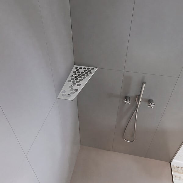 U-TILE - Etagère de douche en acier inox 26,2 x 12/7 cm x 2 mm  - Rectangulaire design Hexagone - fixation sans perçage - large