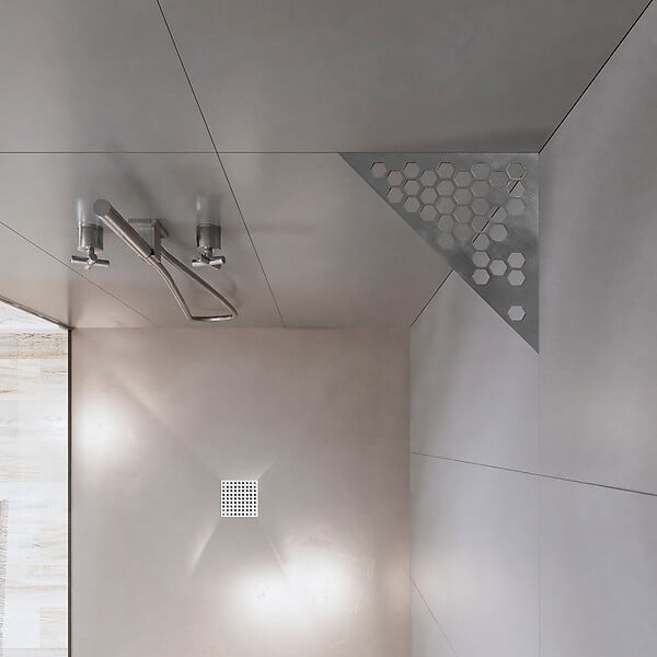 U-TILE - Etagère de douche en acier inox 20,4 x 20,4 cm x 2 mm - Triangulaire design Hexagone - fixation sans perçage - large
