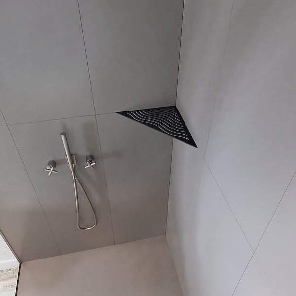 U-TILE - Etagère de douche en acier inox noir 20,4 x 20,4 cm x 2 mm - Triangulaire design Aqua - fixation sans perçage - large