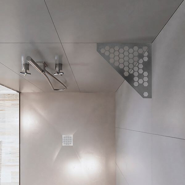 U-TILE - Etagère de douche en acier inox 20,4 x 20,4 cm x 2 mm - Pentagone design Hexagone - fixation sans perçage - large