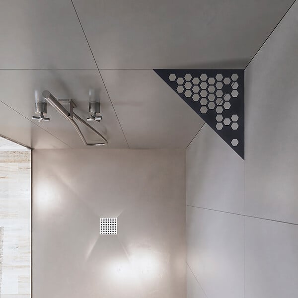 U-TILE - Etagère de douche en acier inox noir 20,4 x 20,4 cm x 2 mm - Triangulaire design Hexagone - fixation sans perçage - large