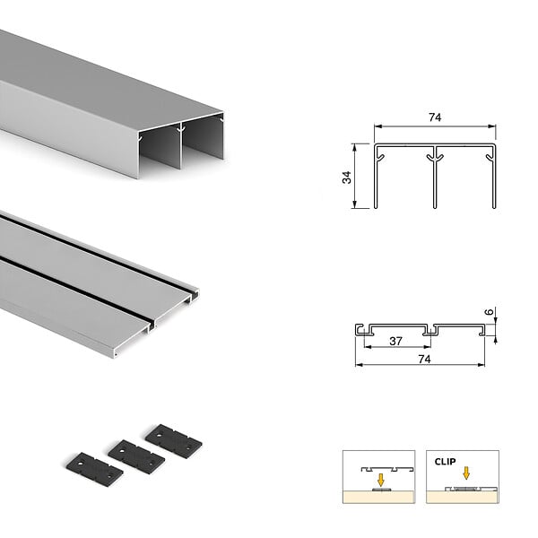 EMUCA - Kit de quincaillerie pour armoire à 2 portes coulissantes avec fermeture souple Placard 74, Modèle de poignée Sharp, épaisseur 16mm, panneaux non inclus, Anodisé mat - large