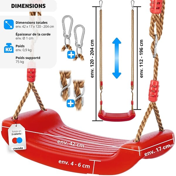TECTAKE - Siège de balançoire Swifty, antidérapant et réglable en hauteur rouge - large