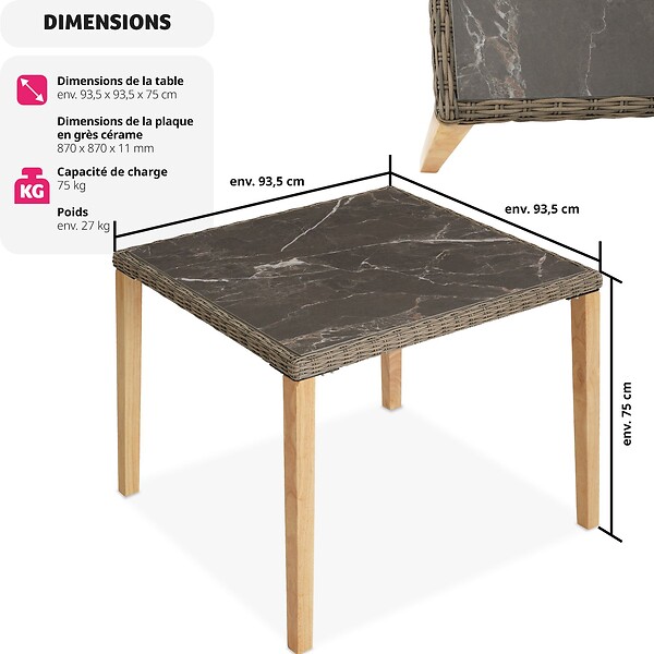 TECTAKE - Table en rotin Tarent 93,5 x 93,5 x 75 cm marron naturel - large