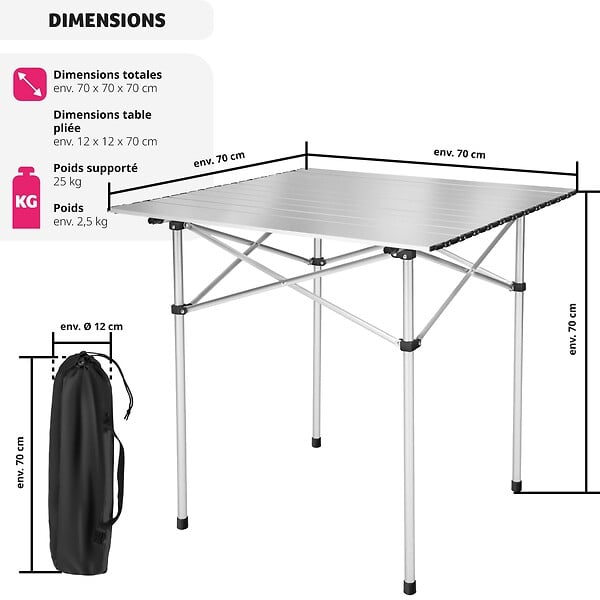 TECTAKE - Table pliante de camping en aluminium avec housse, 70 x 70 x 70 cm gris - large