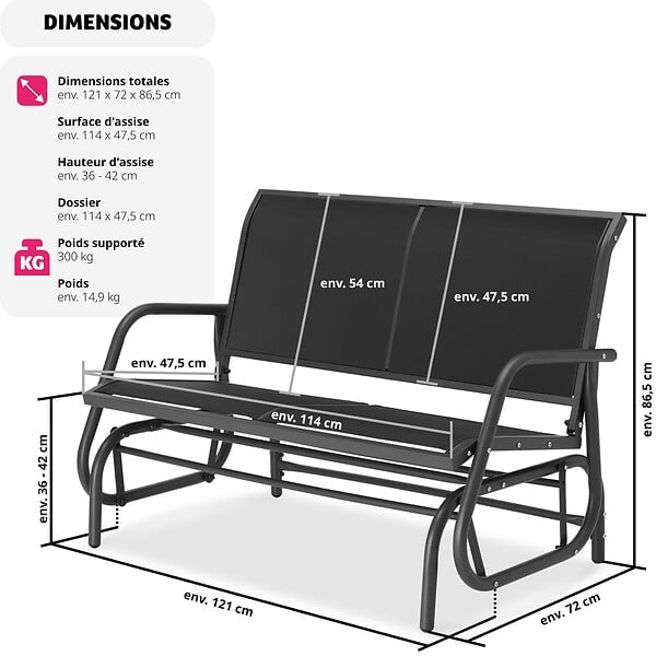 TECTAKE - Banc à bascule Greta 2 places 121 x 72 x 86,5 cm noir - large