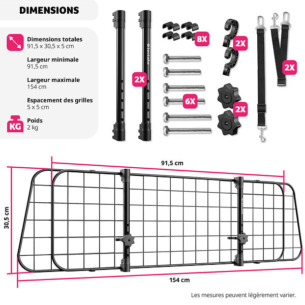 TECTAKE - Grille de protection pour chien Balu, réglable en largeur, 2 ceintures de sécurité noir - large