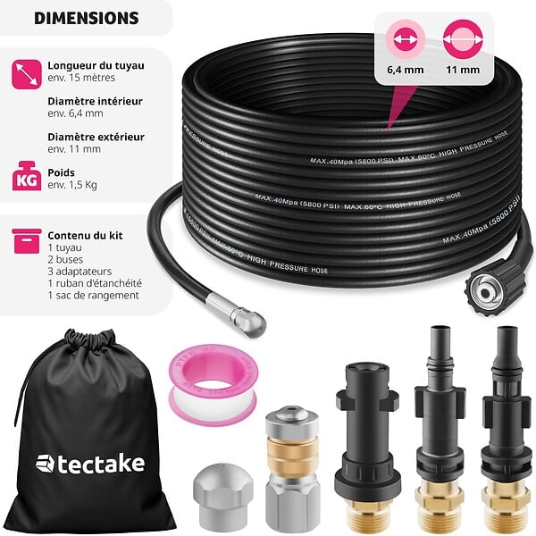 TECTAKE - Kit de nettoyage et de débouchage de canalisations avec 1 tuyau, 2 buses et 3 adaptateurs noir - large