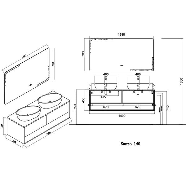 DISTRIBAIN - Meuble de salle de bain SANZA 1400 Blanc et Bois Naturel - large