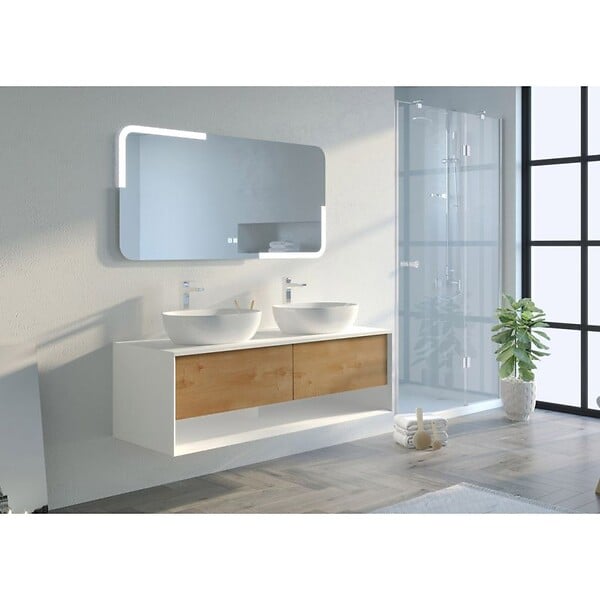 DISTRIBAIN - Meuble de salle de bain SANZA 1400 Blanc et Bois Naturel - large