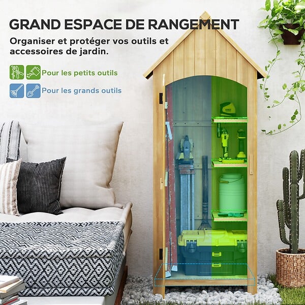 OUTSUNNY - Armoire abri de jardin remise pour outils 3 étagères porte loquet toit pente bitumé dim. 77L x 54l x 179H cm bois sapin pré-huilé - large