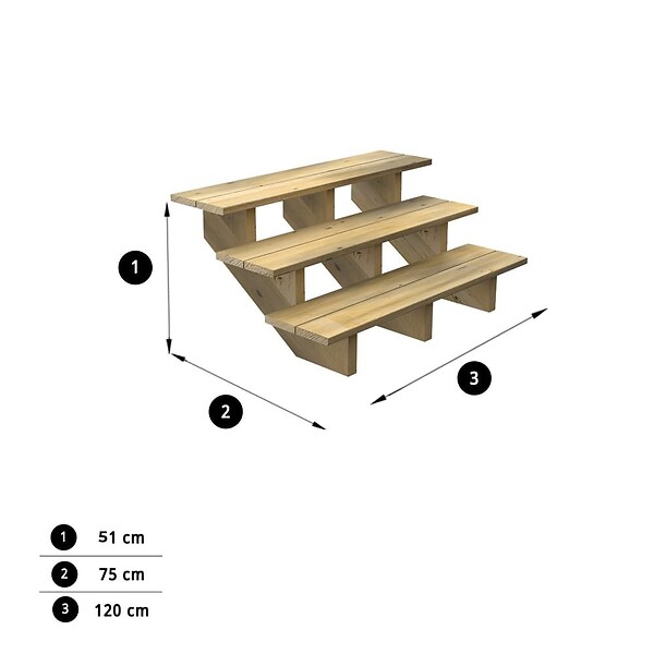 DECKLINEA - Escalier Bois Exterieur - 3 Marches - Largeur : 1m20 - Hauteur : 51cm - Sans Contremarches - Pin du Nord - Traité Autoclave - large