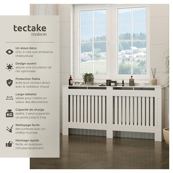 TECTAKE - Cache-radiateur VILA design à lattes avec étagère blanc - large