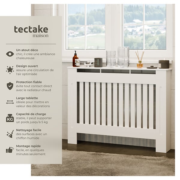TECTAKE - Cache-radiateur VILA design à lattes avec étagère blanc - large