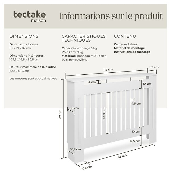 TECTAKE - Cache-radiateur VILA design à lattes avec étagère blanc - large