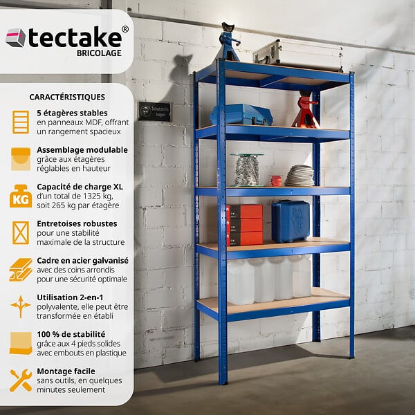 TECTAKE - Etagères charges lourdes à 5 niveaux bleu - large