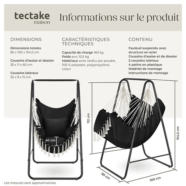 TECTAKE - Fauteuil suspendu ALISON style boho avec une capacité de charge de 160kg noir - large