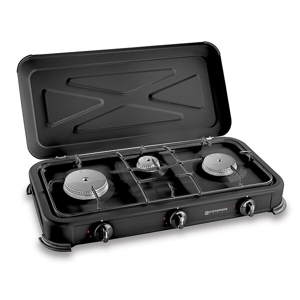 KEMPER - Réchaud gaz portable 3 feux 3450W Noir Couvercle Plaque de cuisson KEMPER - large