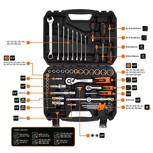 NEO TOOLS - Coffret ensemble d'outils 100 pièces 1/2", 1/4" NEO TOOLS - 10-206 - large