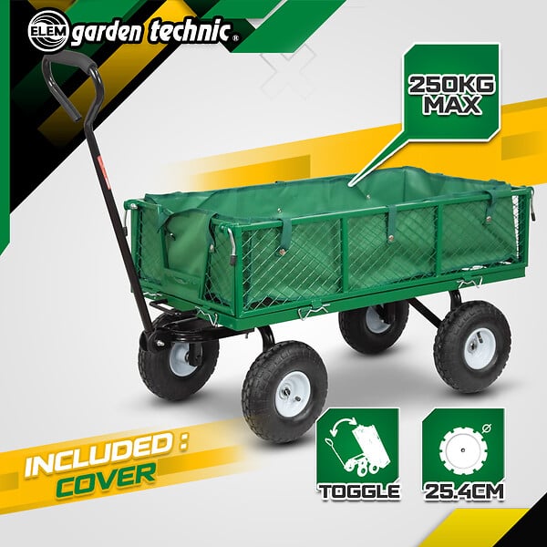 ELEM GARDEN TECHNIC - Chariot de jardin en acier avec bâche amovible et benne basculante  108 x 50 x 95cm - large
