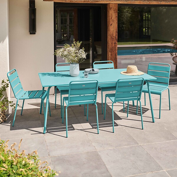 OVIALA - Ensemble table de jardin et 6 chaises en métal turquoise - Palavas - large