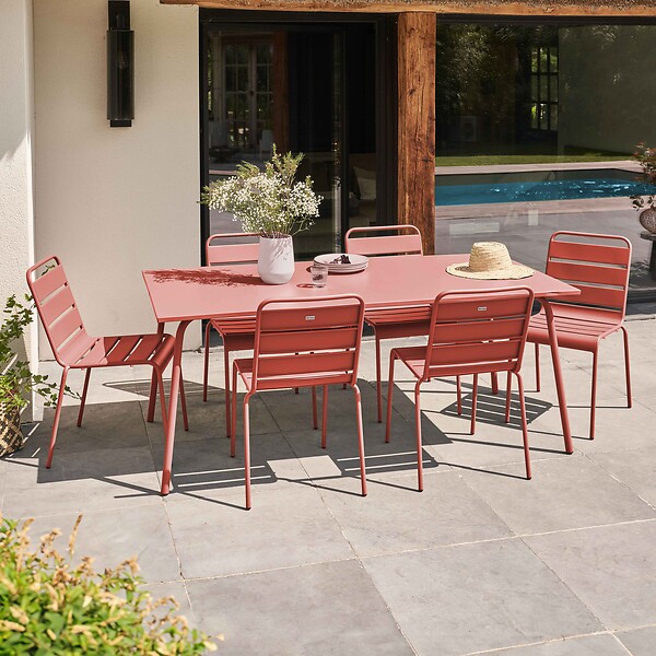 OVIALA - Ensemble table de jardin et 6 chaises en métal argile - Palavas - large