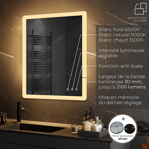 SANIVERRE - BOLEO Miroir LED lumineux 80x100 cm anti-buée, intensité 2100 lumens & couleur réglables salle de bain - large