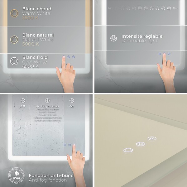 SANIVERRE - BOLEO Miroir LED lumineux 80x100 cm anti-buée, intensité 2100 lumens & couleur réglables salle de bain - large