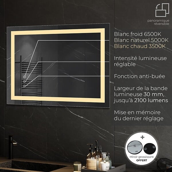 SANIVERRE - CIMEO Miroir lumineux LED 80 x 100 cm anti-buée + intensité 2100 lms & couleur réglables salle de bain - large