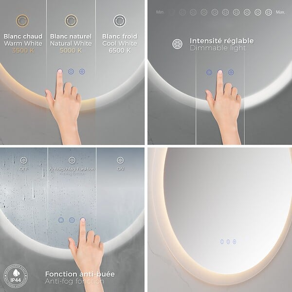 SANIVERRE - VEKIO Miroir LED lumineux Ø 60 cm rond antibuée + intensité et couleur réglables salle de bain - large