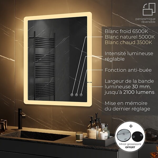 SANIVERRE - BOLEO Miroir LED lumineux 60x80 cm anti-buée, intensité 2100 lumens & couleur réglables salle de bain - large