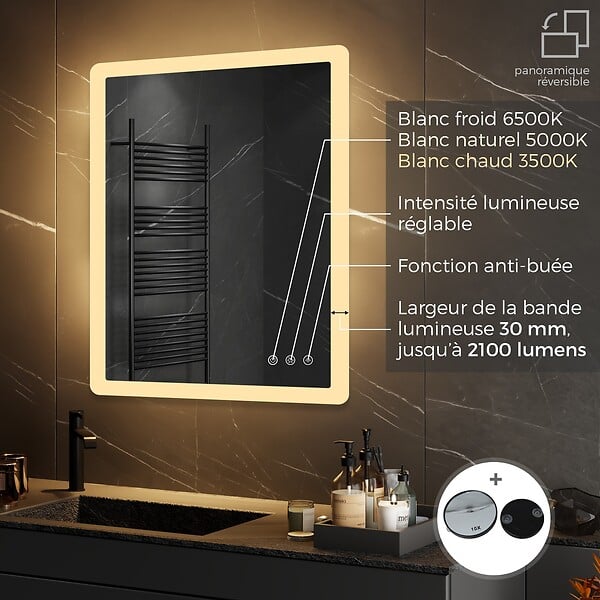 SANIVERRE - BOLEO Miroir LED lumineux 50x70 cm anti-buée, intensité 2100 lumens & couleur réglables salle de bain - large