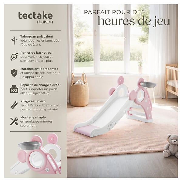 TECTAKE - Toboggan pliable JOY pour enfants avec panier de basket rose - large