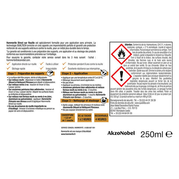 HAMMERITE - Peinture fer Direct sur Rouille Blanc Pur 0,25 L - large