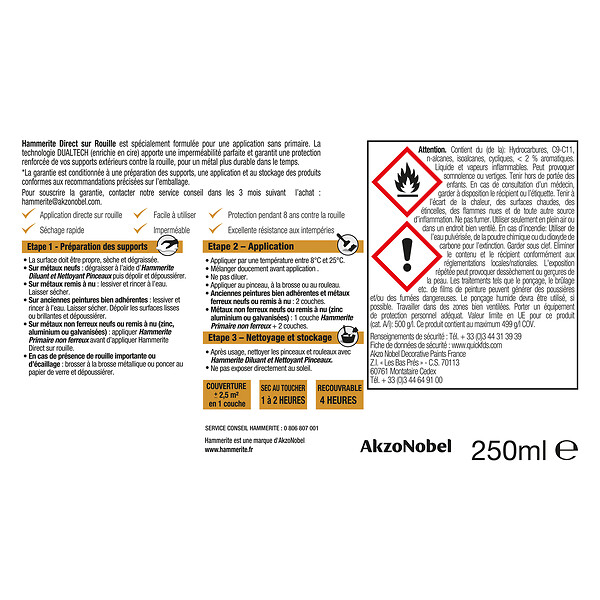 HAMMERITE - Peinture fer Hammerite Direct S/Rouille Brillant Brun Chataigne 0,25L - large