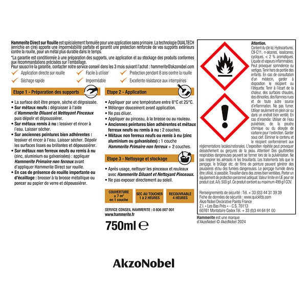 HAMMERITE - Peinture antirouille Direct sur Rouille - Blanc Pur - 0,75L - large