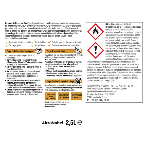 HAMMERITE - Peinture fer rouille Direct Sur Rouille Gris Anthracite 2,5L - large