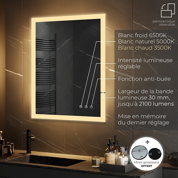 SANIVERRE - TEMEO Miroir LED lumineux 90 x 100 cm antibuée + intensité 2100 lumens & 3 couleurs salle de bain - large