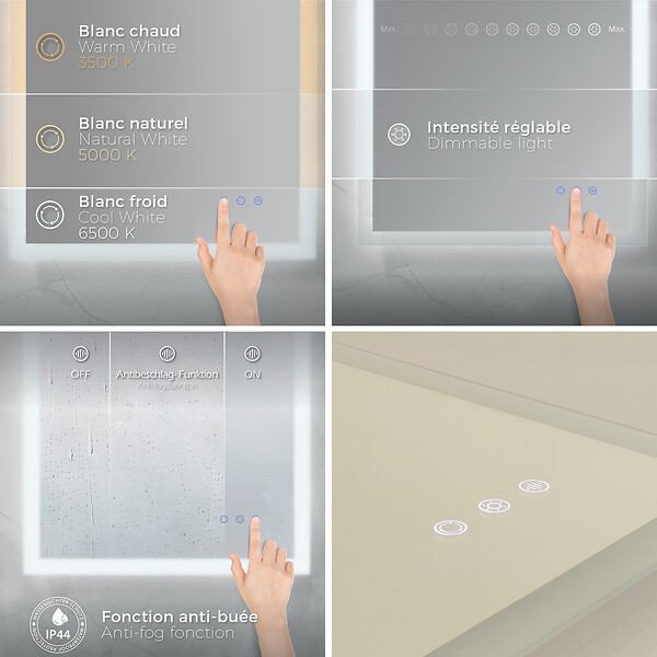 SANIVERRE - TEMEO Miroir LED lumineux 90 x 100 cm antibuée + intensité 2100 lumens & 3 couleurs salle de bain - large