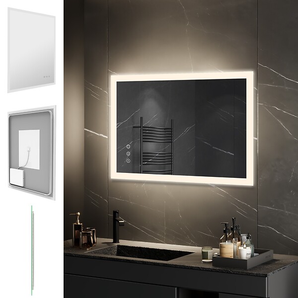 SANIVERRE - TEMEO Miroir LED lumineux 60 x 80 cm antibuée + intensité 2100 lumens & 3 couleurs salle de bain - large