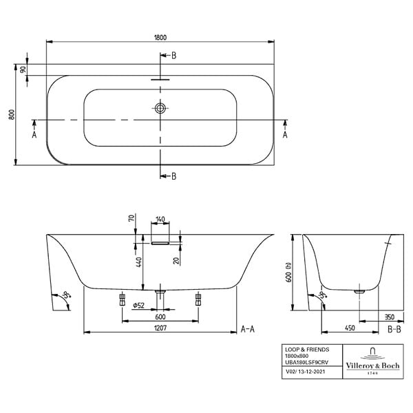 VILLEROY ET BOCH - Villeroy & Boch Loop & Friends Baignoire murale pour installation en angle à droite SQUARE 1800 x 800 mm Blanc - large