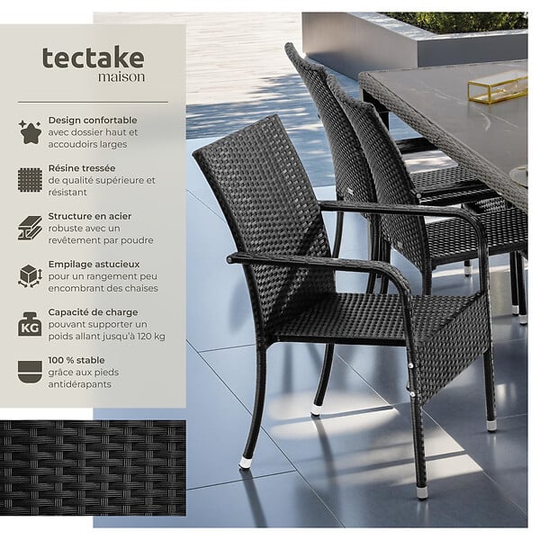 TECTAKE - Chaise en résine tressée GIRONA avec une capacité de charge de 120 kg noir - large